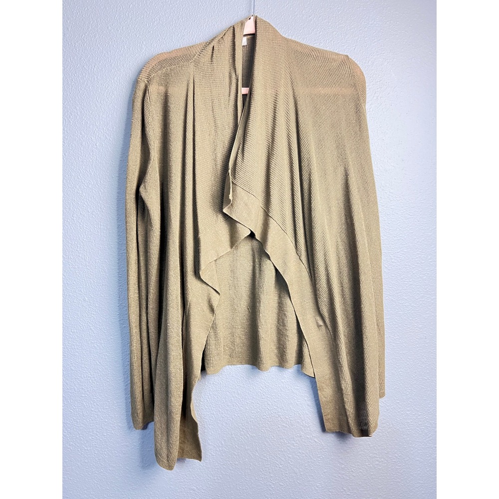 Ann Taylor LOFT Womens Medium Olive Green Linen Rayon Ribbed Waterfall Cardigan